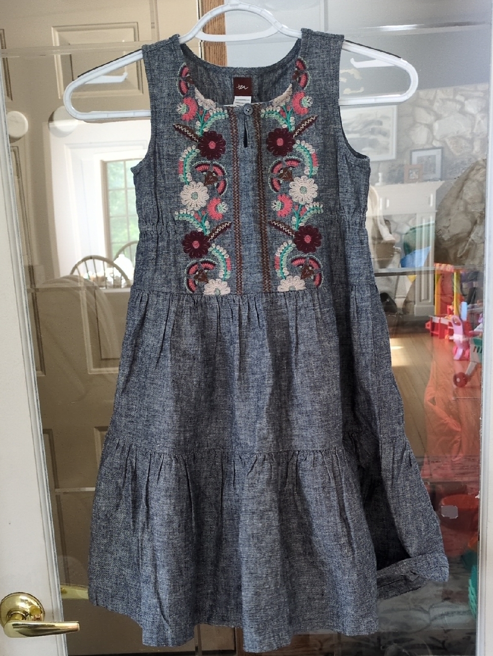 Tea Collecrion Embroidered Chambray Girls' Floral Dress